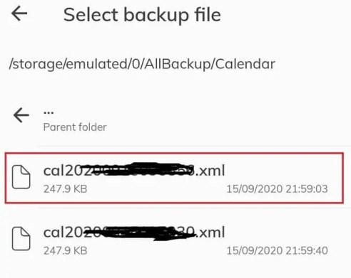 seleccione el archivo de copia de seguridad para restaurar