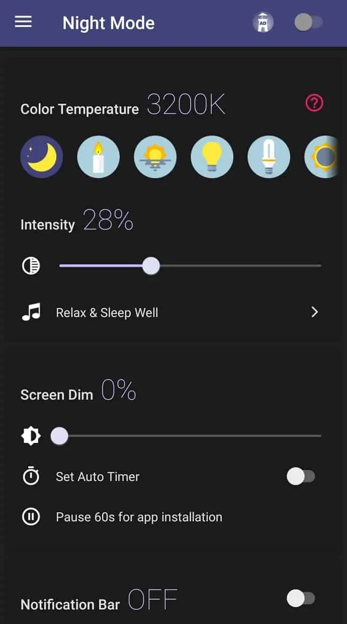 Configuración de la aplicación Filtro de luz azul de Android