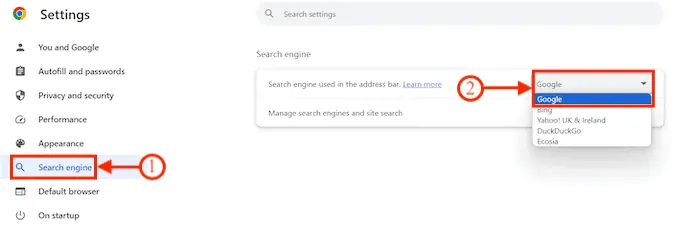 Configure Google como su motor de búsqueda predeterminado en Chrome Windows.