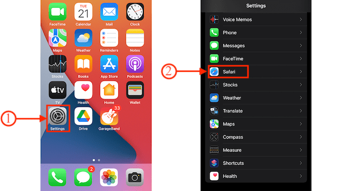 Opción Safari en la configuración del iPhone