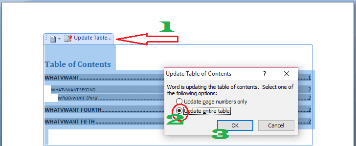 Actualizar la tabla de contenido de Word