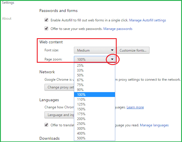 Google Chrome zoom predeterminado