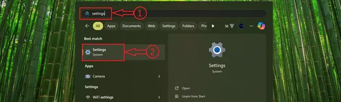 Configuración en el menú de inicio.