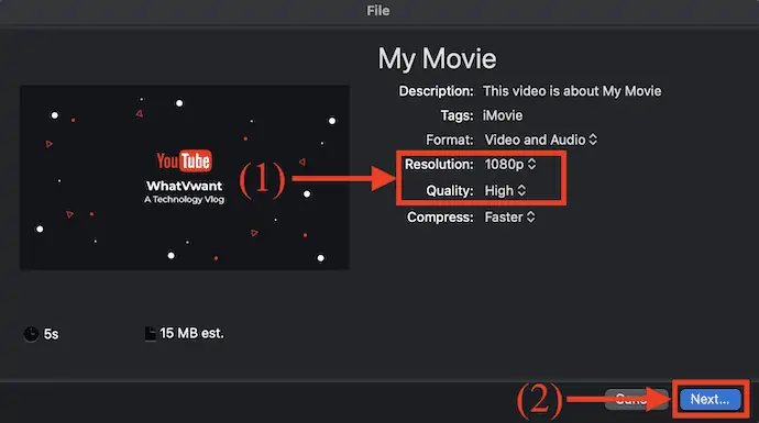 Opciones de resolución y calidad en iMovie