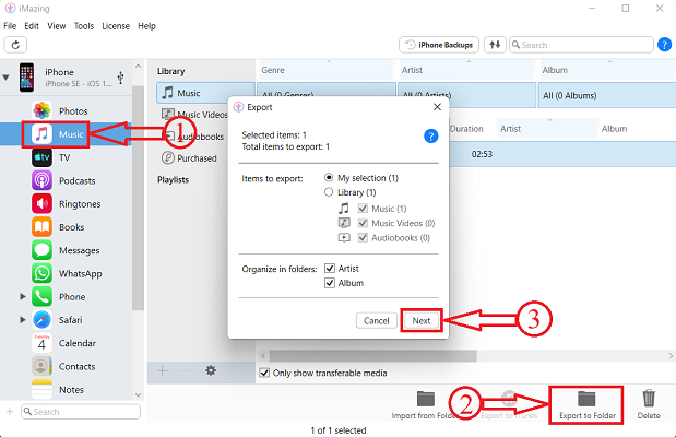 Exportar a la opción de carpeta en imazing