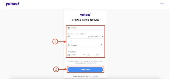 Detalles para crear una cuenta de Yahoo