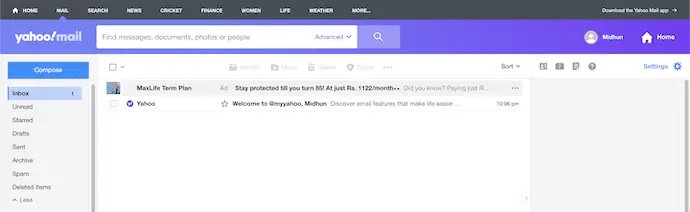 Correo de llegada de Yahoo