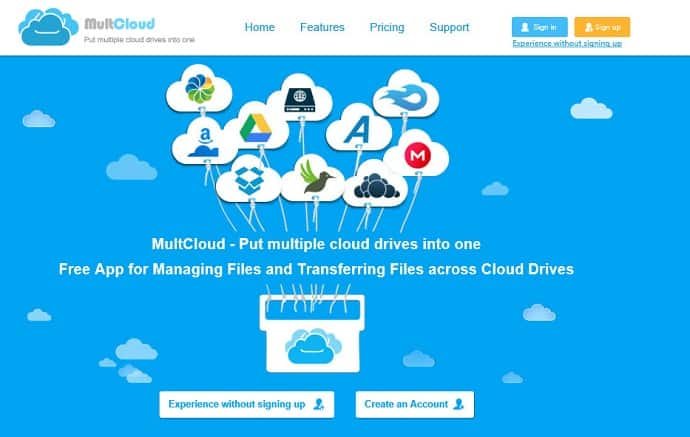 Página de inicio de MultCloud
